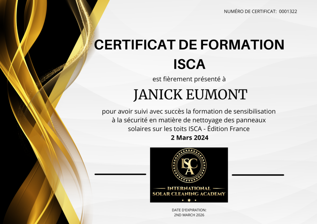 Certificat de formation santé et sécurité en nettoyage de panneaux solaires France