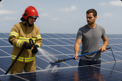 A firefighter and solar cleaner spraying water on to a solar panel