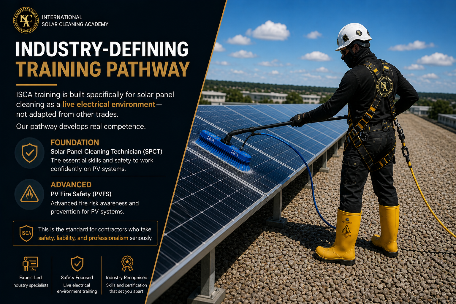 A man in a harness on a roof cleaning solar panels