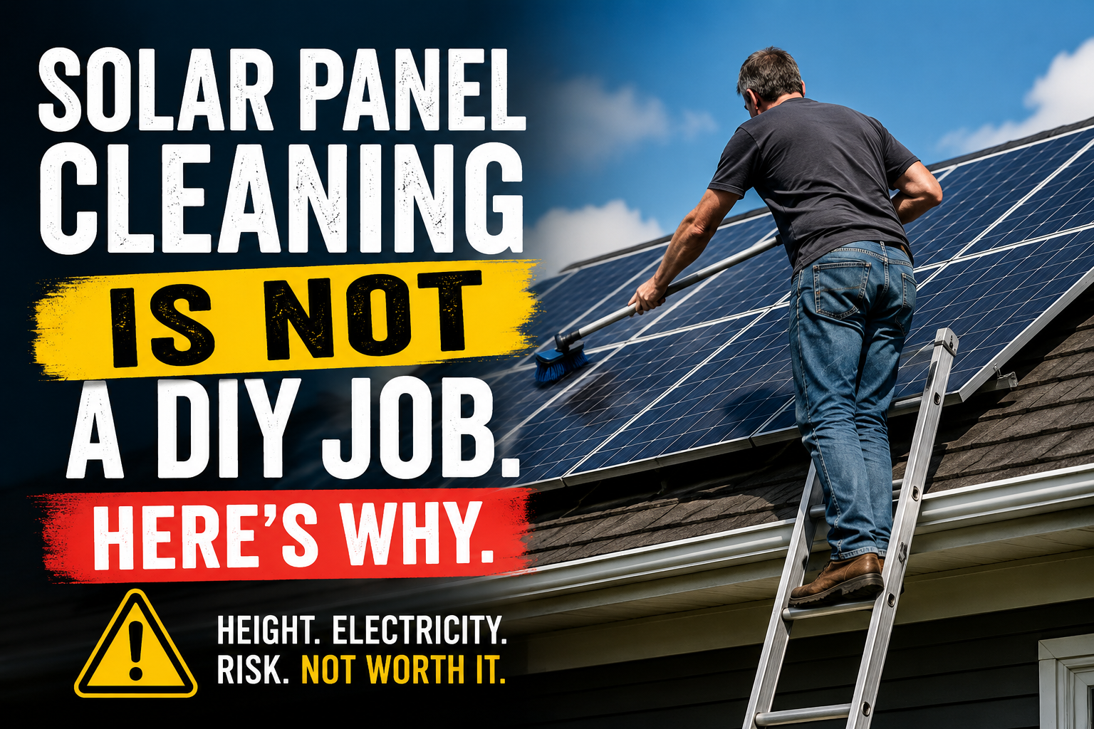 Homeowner considering cleaning rooftop solar panels from a ladder