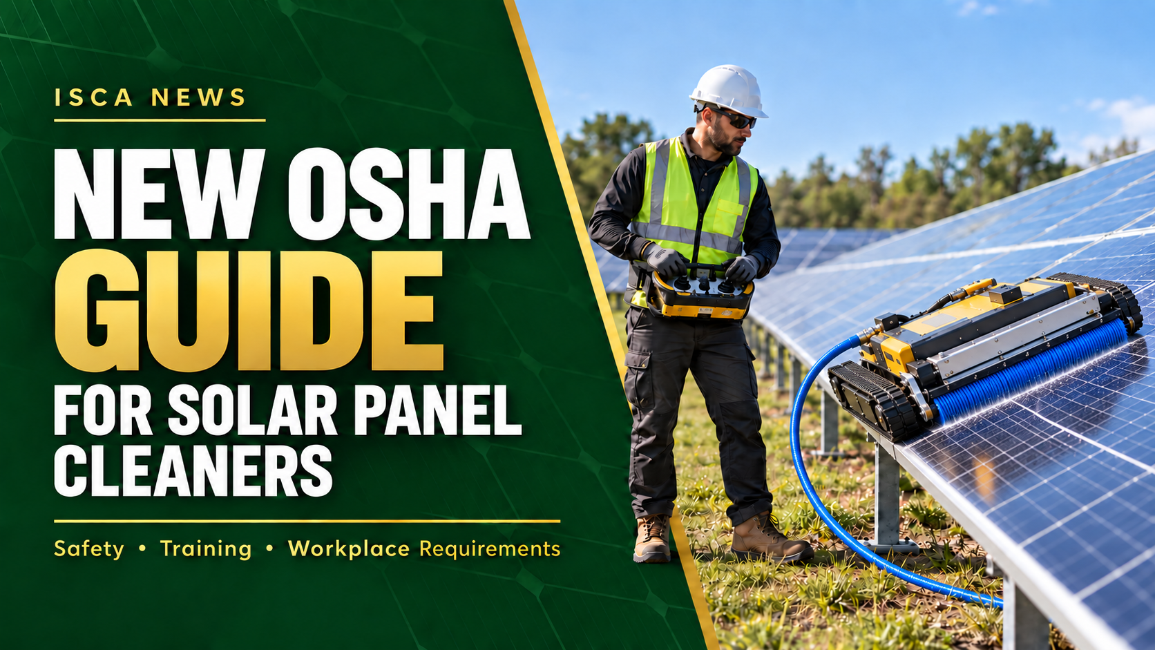 ISCA announces a new OSHA guide for solar panel cleaners, showing an operator using a waistband remote to control a hose-fed cleaning robot.