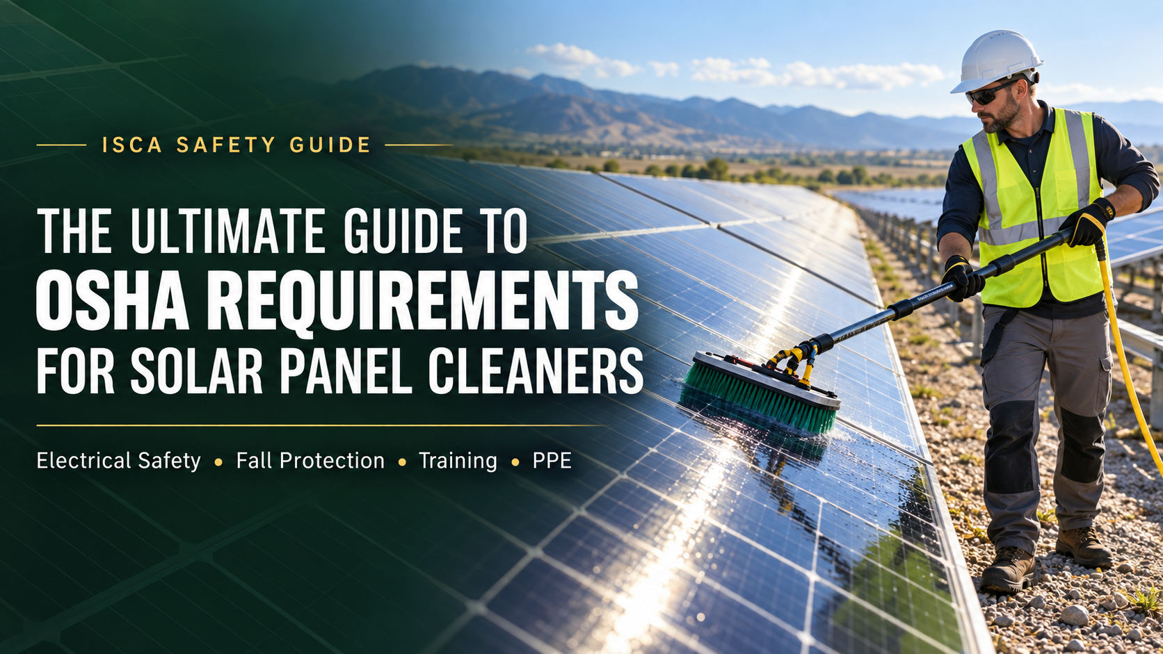 Solar panel cleaner using a water-fed brush beside an array, with the ISCA OSHA requirements guide title